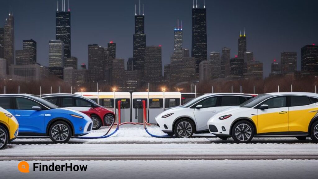 Electric vehicles in winter lined up at a charging station