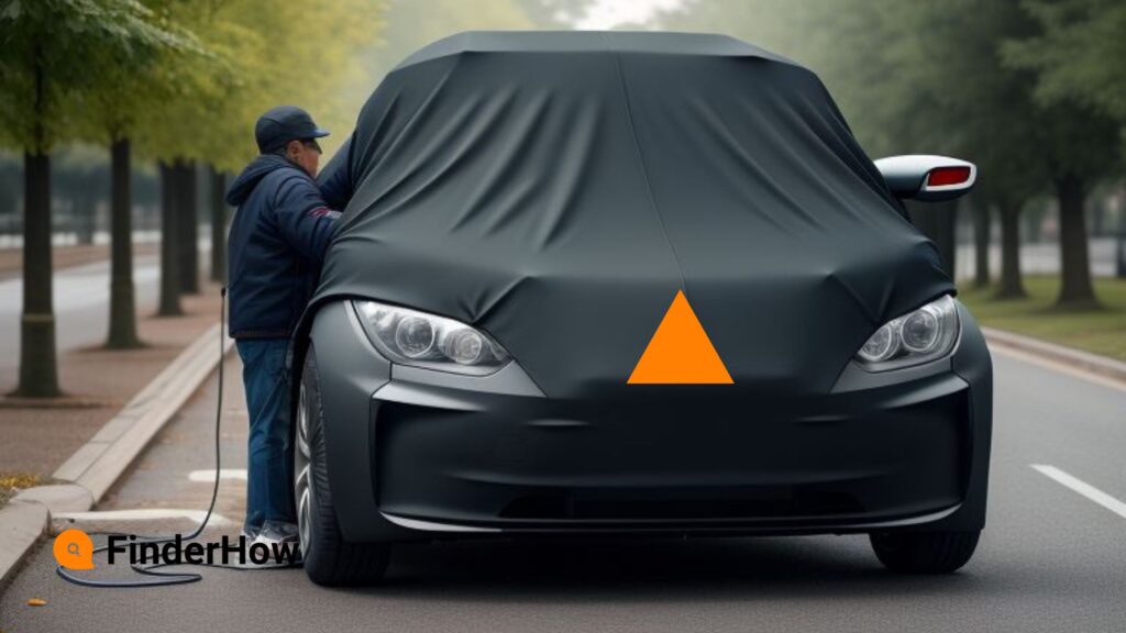 Person putting a car cover on an electric vehicle in winter