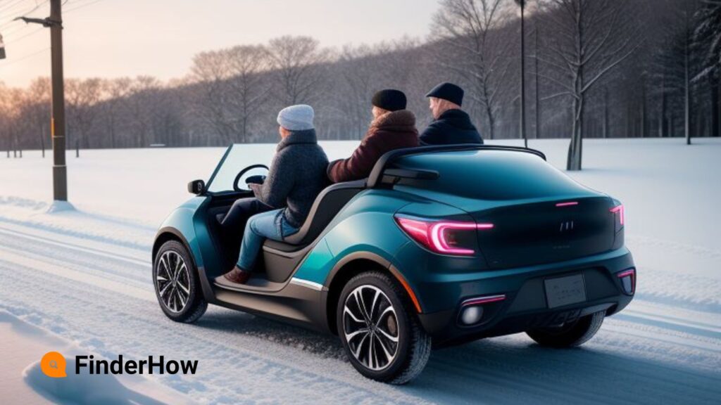 People enjoying a winter adventure in electric vehicle in winter