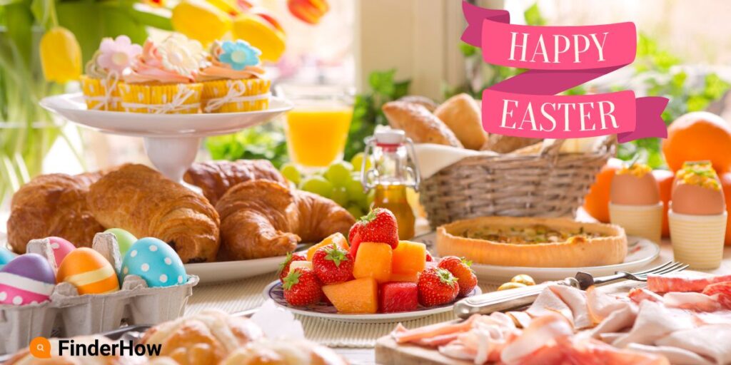 Easter Feast Extravaganza table with pastels, egg decorations, and a floral centerpiece and a "Happy Easter" banner.