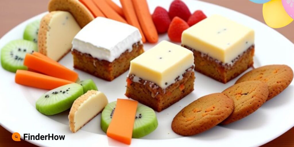 Plate of Easter desserts: carrot cake slice, cookies, mini cheesecakes, and a fruit platter.