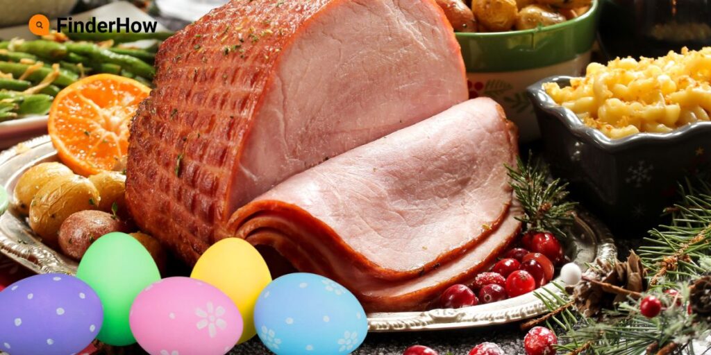Traditional Easter feast with ham, vegetables, and salad